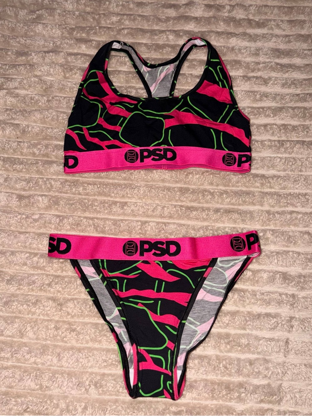 PSD Pink, Black & Neon Green Patterned Sports Bikini Set